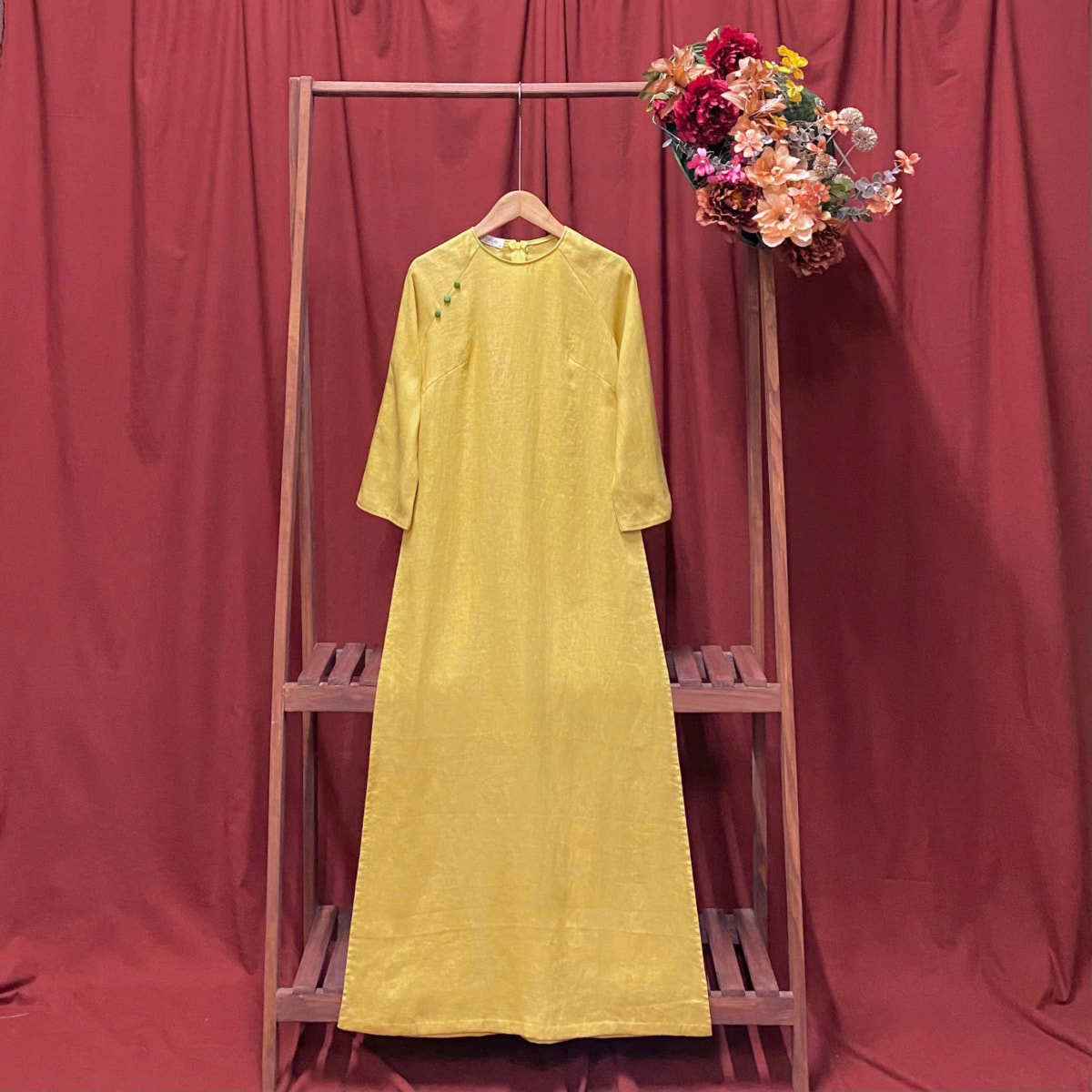 Áo Dài Hi Yên Handmade-Linen Tưng Premium Màu Vàng TYMLIC(không kèm quần)