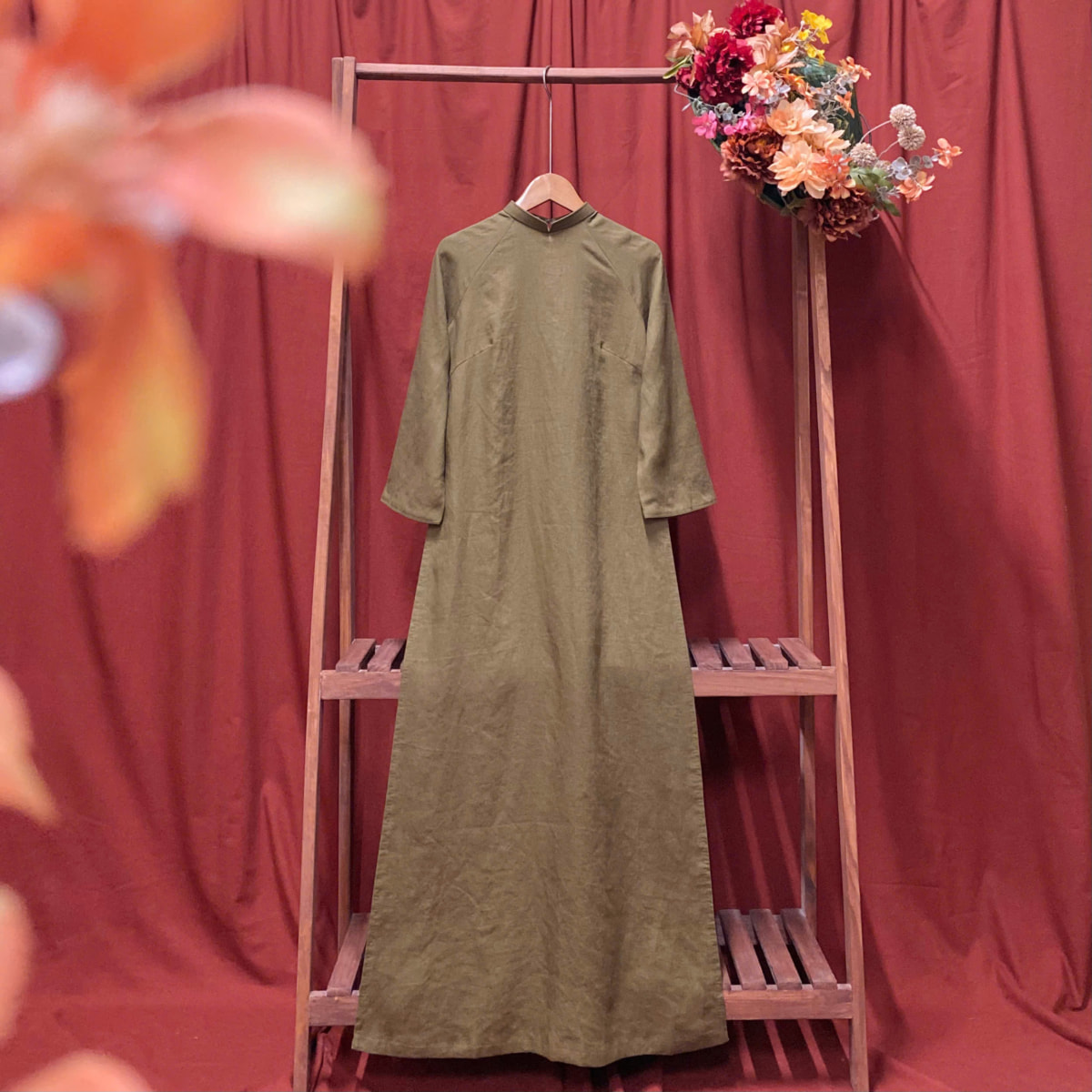 Áo Dài Hi Yên Handmade - Linen Tưng Premium TYMLIC Màu Nâu Rêu ( Không kèm quần) - Ảnh 5